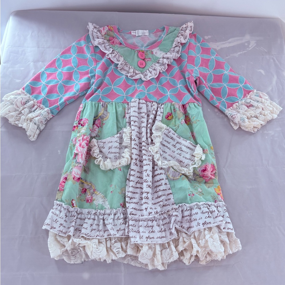 Tutu & Lulu Girls Dress 5-6 Boutique Pink Blue Geometric